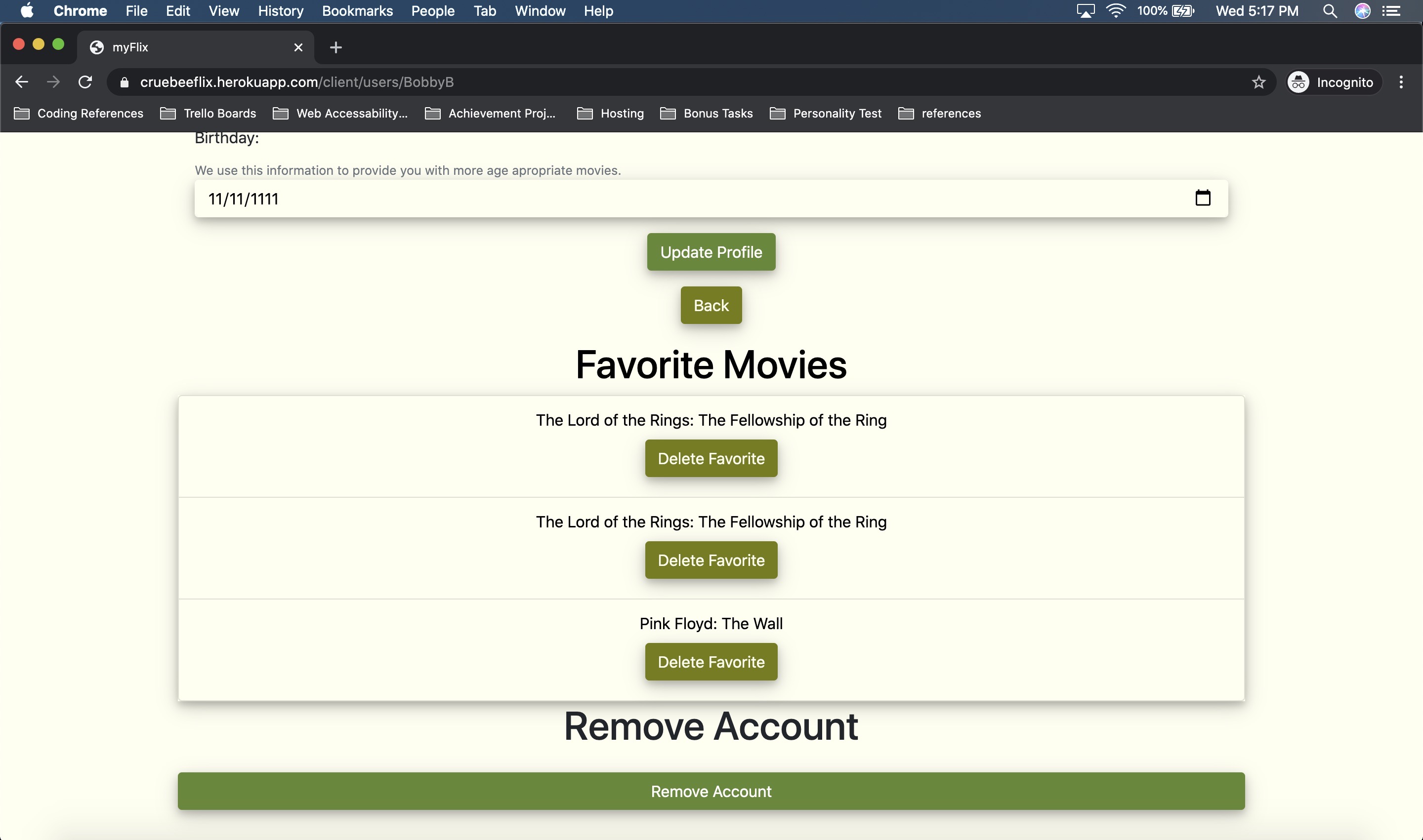 myFlix Favorites menu